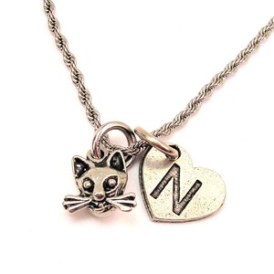 Kitty cat with whiskers  with heart initial rope Stainless Steel  necklace