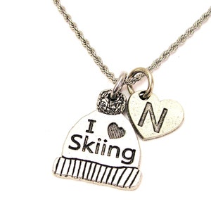 I love Skiing hat with heart initial Stainless Steel rope necklace