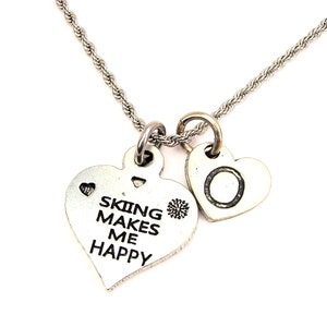 Skiing makes me happy with heart initial Stainless Steel rope necklace