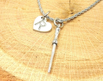 Wizard Wand  with heart initial Stainless Steel rope necklace
