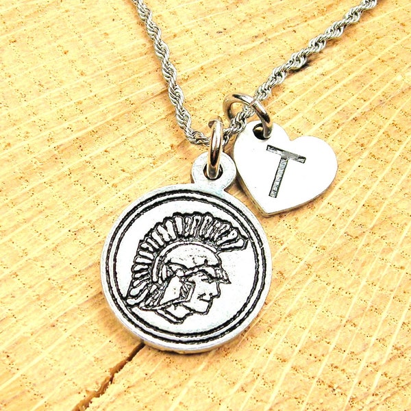 Trojan  mascot  Spartans with heart initial Stainless Steel rope necklace