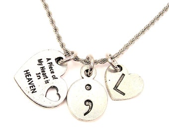 Semi colon A piece of my heart is in heaven with heart initial Stainless Steel rope necklace