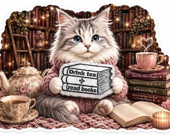 Drink Tea and read books Ragdoll cat sticker 3" bookish bookaholic book lover