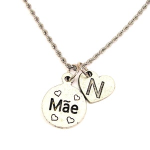 Mae Mother en portugais avec coeur initiale en acier inoxydable collier corde