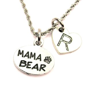 Mama Bear  with heart initial rope Stainless Steel  necklace