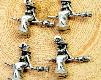 Plus size Witch on broom with long hair  charms lot of 4 pieces