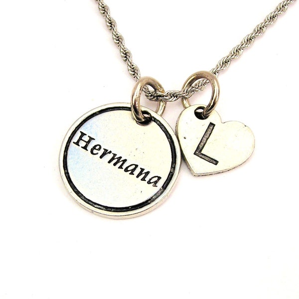 Hermana Sister in Spanish with heart initial Stainless Steel rope necklace