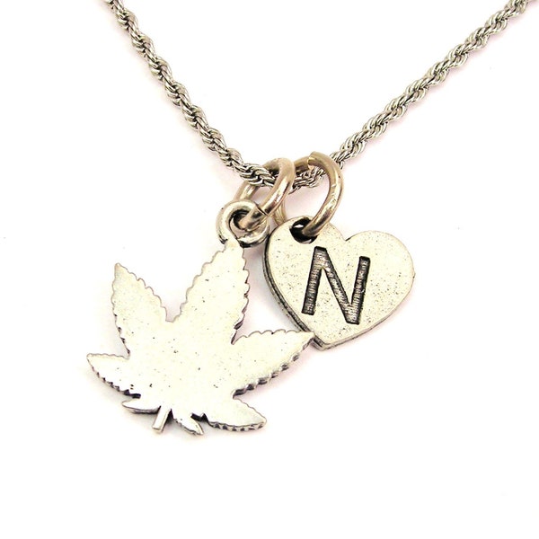 Marijuana leaf with heart initial Stainless Steel rope necklace
