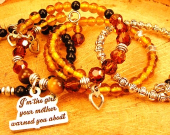 Bohemian Beaded Bangle Bracelet Set, Pewter Charms