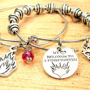 My heart belongs to a fire fighter set of 2 Bangle Bracelets