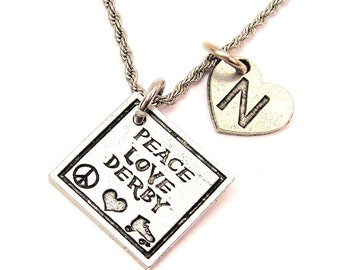 Peace love derby roller derby  with heart initial rope Stainless Steel  necklace