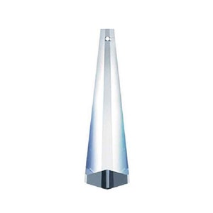 May include: A clear crystal prism with a pointed tip and a hole at the top for hanging.
