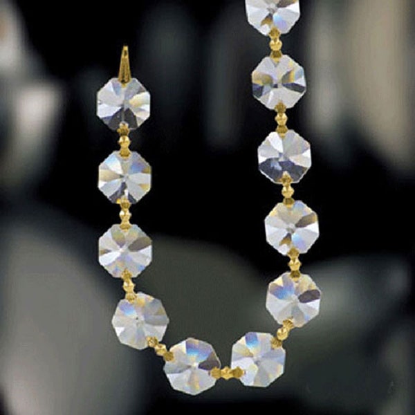 Clear Crystal Octagon Prisms Garland Chain With Gold - Asfour Clear Crystal Chain Crystals Wholesale - Full Lead Crystal