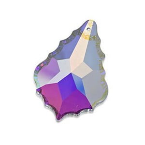 May include: A purple crystal prism with a faceted design and a scalloped edge. The prism has a hole at the top for hanging.