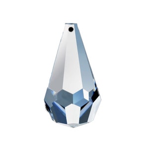 May include: A clear crystal teardrop pendant with a faceted design. The pendant has a small hole at the top for hanging.