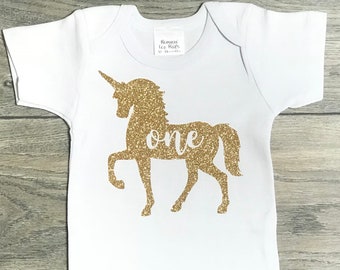 Unicorn One First Birthday Outfit Baby Girl - Bodysuit Gold Glitter 1st Birthday - Cake Smash Outfit + Headband / Bow 1 Year Old Baby Girl