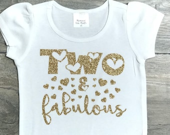 Two & Fabulous 2nd Birthday Outfit Girls - White Short Puff Sleeve T-Shirt - Gold Glitter Second Birthday Girl Shirt