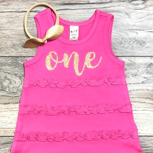 First Birthday Outfit Girl - One Cursive 1st Birthday Outfit - Pink Dress 1 Year Old Girls - Gold Glitter/Hot Pink Dress B-Day Set Baby Girl