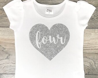 Birthday Outfit 4 Year Old Girl - Four In Heart Silver Glitter Short Puff Sleeve Top - 4th Birthday Outfit - Fourth Bday T-Shirt Girls