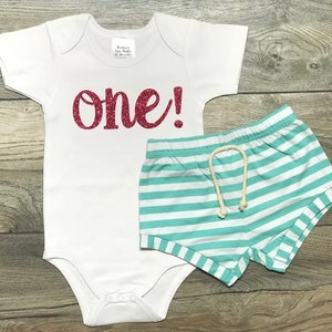 One! 1st Birthday Outfit - Bodysuit + Mint Striped Shorts - Perfect First Birthday Outfit For Summer Girls!
