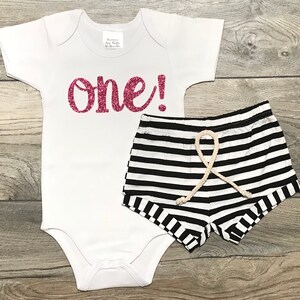 One! 1st Birthday Outfit For Girls - First Birthday Bodysuit + Black Striped Shorts