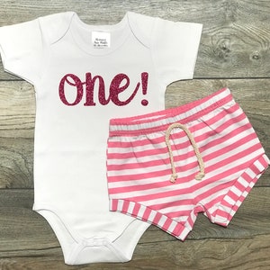 One! 1st Birthday Outfit - First Birthday Bodysuit + Pink Striped Shorts For Your 1 Year Old Baby Girl