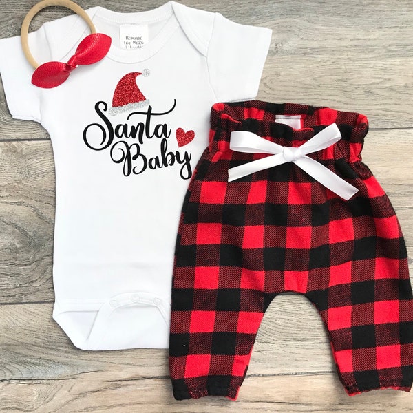 Christmas Outfit - Santa Baby Christmas Bodysuit + Red / Black Checkered Pants + Red Bow / Headband -