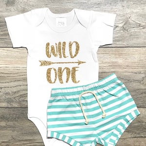 Wild One 1st Birthday Outfit - Gold Glitter First Birthday Bodysuit + Mint Striped Shorts - White Top + Summer Shorts