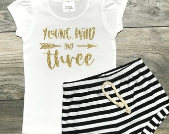 Young, Wild And Three 3rd Birthday Outfit - Third Birthday Short Puff Sleeve Shirt + Black Striped Shorts - T-Shirt + Summer Shorts