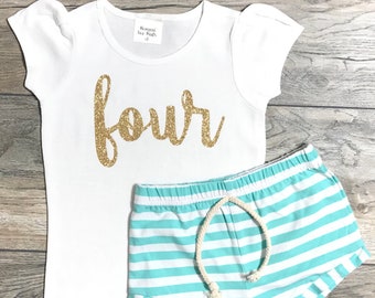 4 ° compleanno vestito ragazze - top quattro corsivo glitter oro + pantaloncini a righe menta ragazza di 4 anni - quarto compleanno vestito-bambina vestito