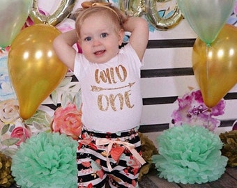 Wild One First Birthday Outfit - Custom Bodysuit + Black Striped Pants + Bow - 1st Birthday Photo Shoot / Cake Smash Outfit / Set Baby Girl