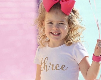 Three Cursive Writing - 3rd Birthday Outfit Girls - White Puff Short Sleeve T-Shirt Third Birthday Gold Glitter - T-shirt Birthday Girl