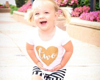 Two In Heart 2nd Birthday Short Puff Sleeve T-Shirt For Girls + Striped Shorts - Gold Glitter Outfit 2 Year Old Girl