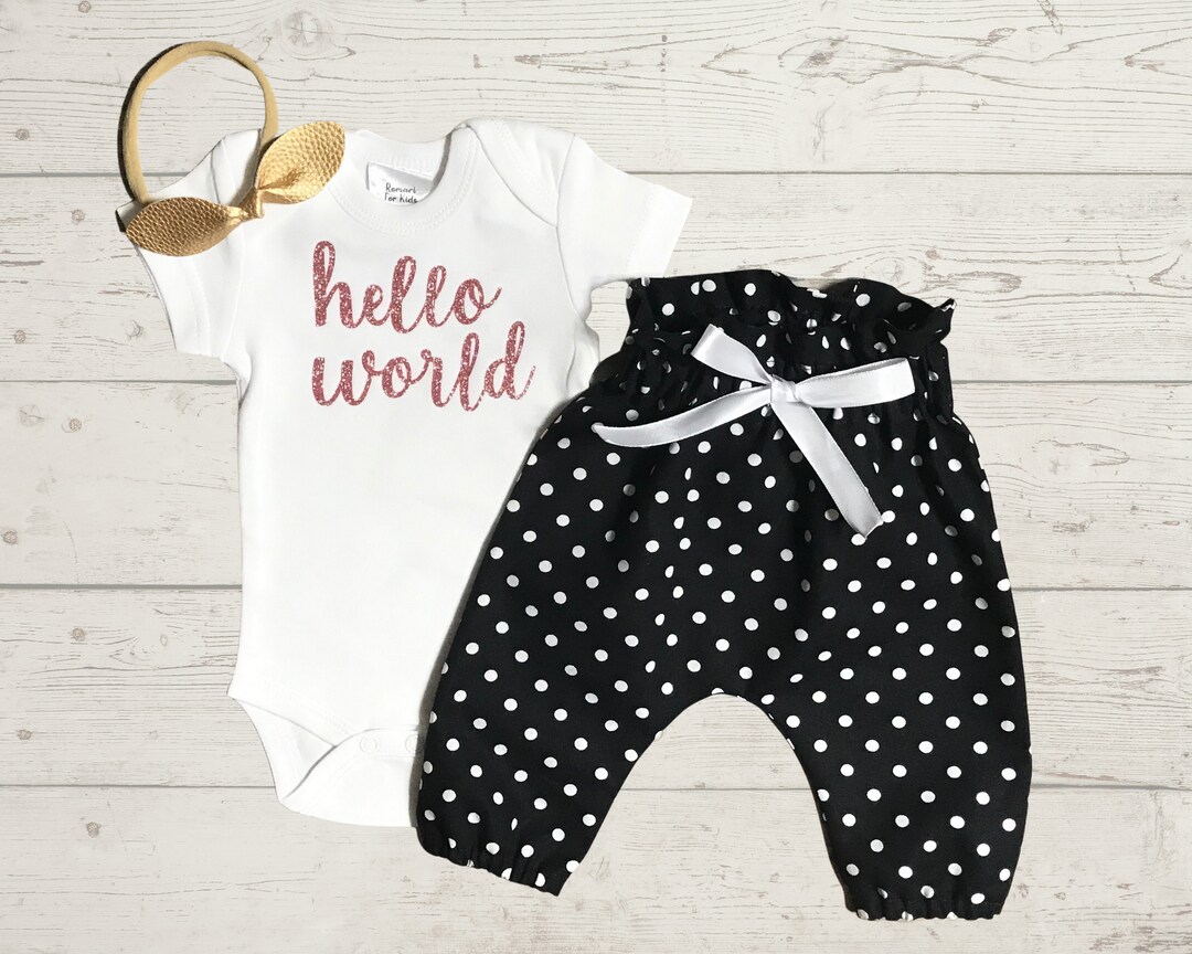 Hello World Newborn Take Home Outfit - Gold Glitter Bodysuit + Black ...