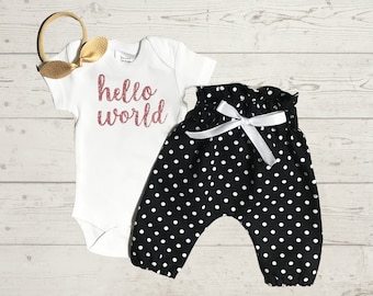 Hello World Newborn Take Home Outfit - Gold Glitter Bodysuit + Black White Polka Dots Pants + Bow / Headband - Baby Girl Outfit - Preemie