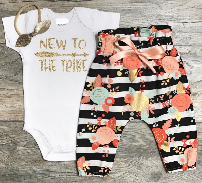 Black Striped Floral Pants New To The Tribe Newborn Outfit Baby Girl Gold Glitter Bodysuit Coming Home Take Home Bow Headband
