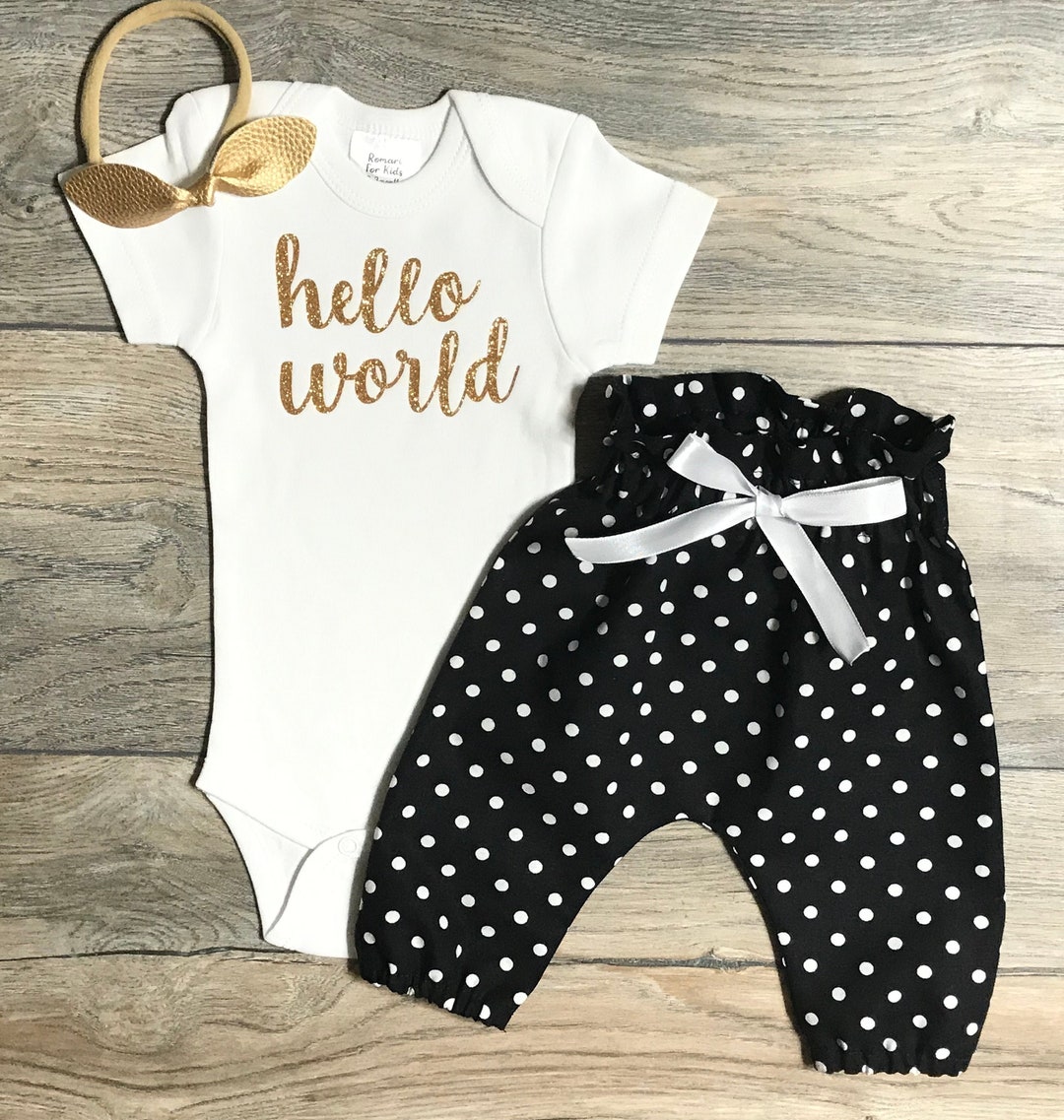 Hello World Newborn Take Home Outfit - Gold Glitter Bodysuit + Black ...
