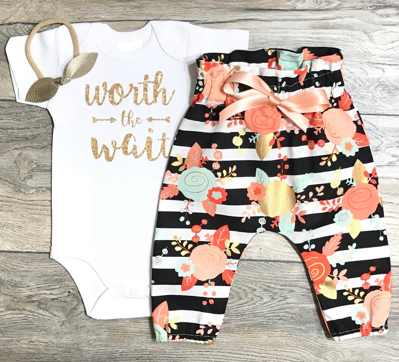 Worth The Wait Newborn / Coming Home Outfit Baby Girl Gold Glitter Bodysuit Black Striped High Waisted Floral Pants Bow / Headband image 1