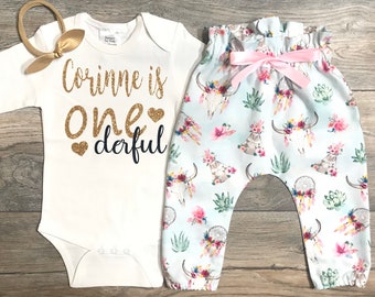 First Birthday Outfit Girl - One Derful Custom Outfit - Photo Shoot - Cake Smash Set Baby Girls - 1st Birthday Bodysuit + Boho Pants + Bow