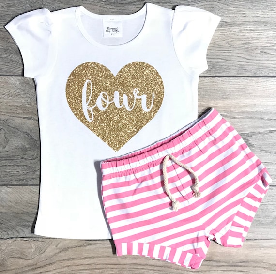 Puff Sleeve Shirt Romari for Kids Dos in Heart Outfit Set Headband Baby Girl Clothes Pink Striped Shorts