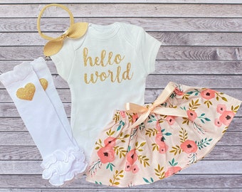 Hello World Newborn Take Home Outfit Baby Girl - Bodysuit + Pink Floral Skirt + Legwamers + Bow - Hospital Photo Shoot - Baby Shower Gift