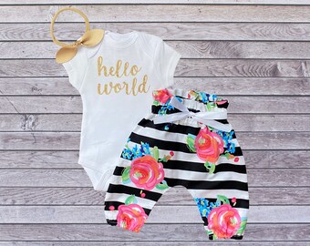 Hello World Newborn Take Home Outfit Baby Girl - Bodysuit + Black Striped Blue Pink High Waisted Floral Pants + Bow - Newborn Outfit