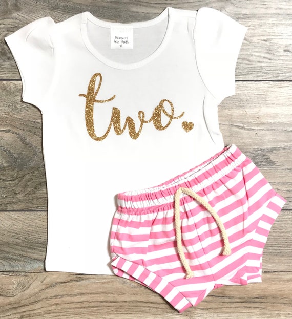 Striped Shorts Two In Heart 2nd Birthday Short Puff Sleeve T-Shirt For Girls Gold Glitter Outfit 2 Year Old Girl