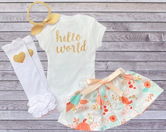 Hello World Newborn Take Home Outfit Baby Girl - Gold Glitter Bodysuit + Teal Coral Floral Skirt + Legwarmers + Bow-Hospital Photo Shoot Set