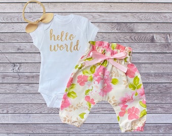 Hello World Newborn Take Home Outfit Baby Girl - Bodysuit + Taupe Floral High Waisted Pants + Bow - Newborn Outfit - Hospital - Photo Shoot