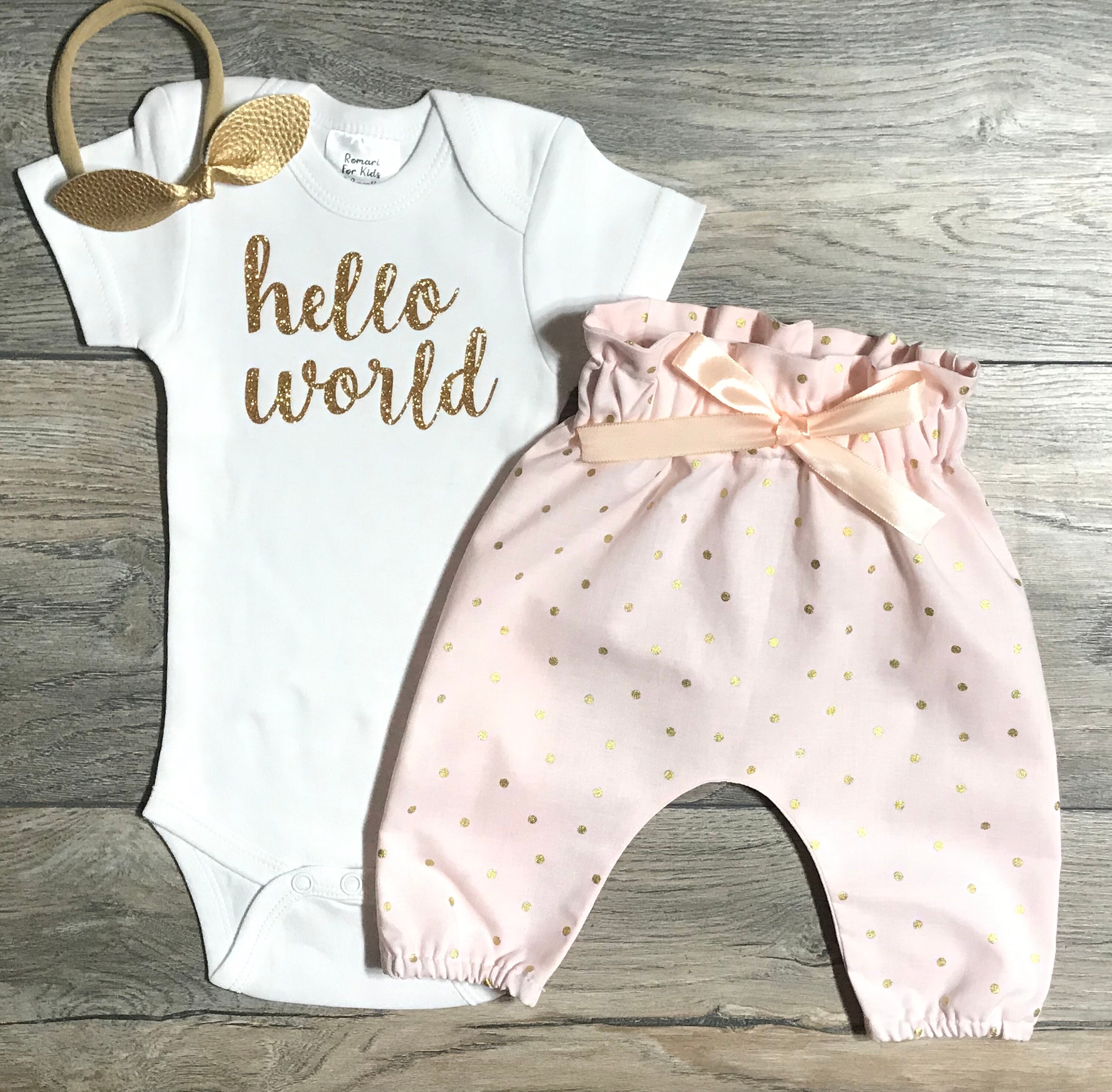 Hello World Newborn Take Home Outfit Gold Glitter Bodysuit | Etsy