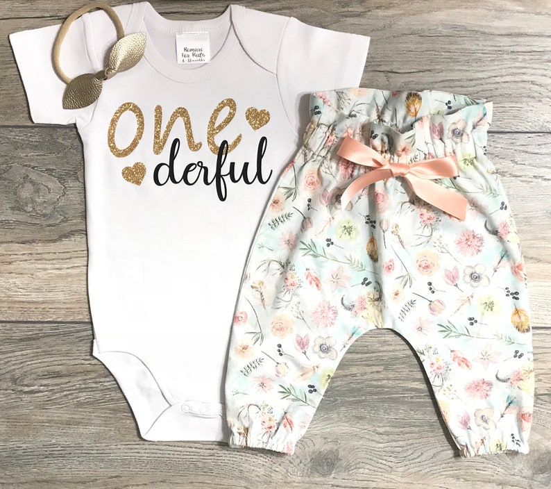 Gold Bow Headband 1st Birthday Outfit Baby Girl Boho Bull Skull Pants Bodysuit One Derful First Birthday Outfit