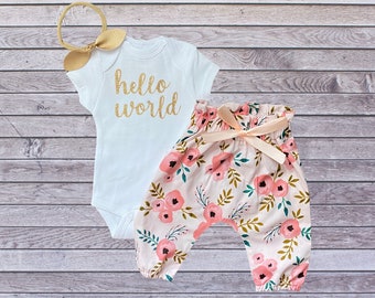 Hello World Newborn Take Home Outfit Baby Girl - Bodysuit + Pink Floralv High Waisted Pants + Bow - Newborn Outfit -  - Hospital Photo Shoot