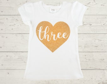 Three In Heart 3rd Birthday Outfit For Girls - Third Birthday Short Puff Sleeve Shirt Gold Glitter -  Birthday Outfit 3 Year Old
