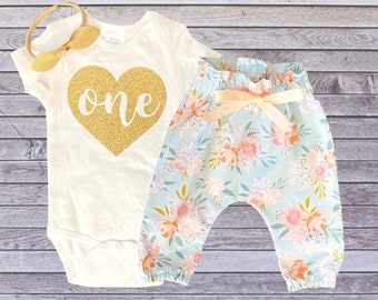 1st Birthday Outfit Baby Girl - ONE In Heart First Birthday Outfit - Gold Glitter Bodysuit + Vintage Floral Pants + Bow 1 Year Old